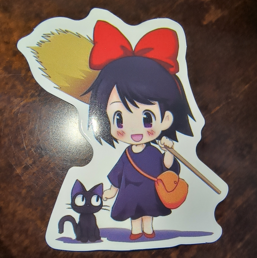Kiki Witch Girl Sticker with Black Cat and Red Bow